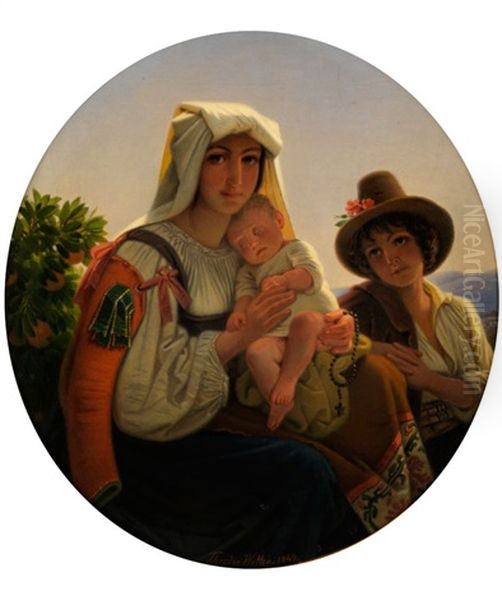 Italienische Mutter Mit Kleinkind Und Knaben In Landschaft - view 1