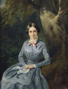 Bildnis Einer Jungen Frau Im Blauen Kleid, Vor Einem Baum Sitzend