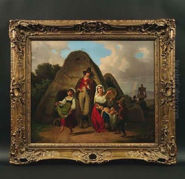 Sudlandische Hirtenfamilie Vor Einer Strohhutte Mit Tanzenden Kindern - view 1
