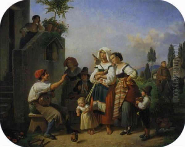 Ein Italienischer Schuhflicker Musizierend Vor Seinem Haus, Umringt Von Einheimischen Frauen Mit Ihren Kindern - view 1