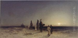 Crossing The Desert At Sunset by Karl Friedrich Christian Welsch