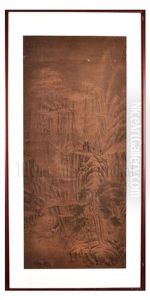 A Framed Painting On Silk 'mountain Scenery by Wen Boren
