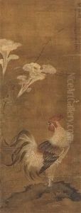 A Rooster On A Rock And Cock's Comb Flowers by Wen Chu