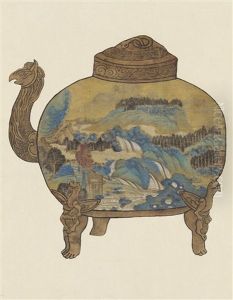 Wen Qiqiu A Pot With Landscape Painting by Wen Qiqiu