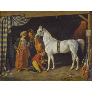 Das Kurfurstliche Reitpferd Seraskier Mit Warter Withard Und Turkischem Herrn by Frederick August Wenderoth