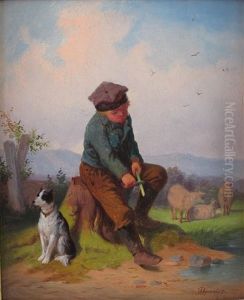Hirtenknabe Schnitzt An Einem Stock, Daneben Hund Und Weidende Schafe by Friedrich Moritz Wendler