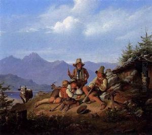 Auf Der Alm Rasten Vier Hirtenjungen