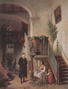 Junge Frau Mit Kind In Einer Kirche Unter Der Kanzel Beim Kranze Winden