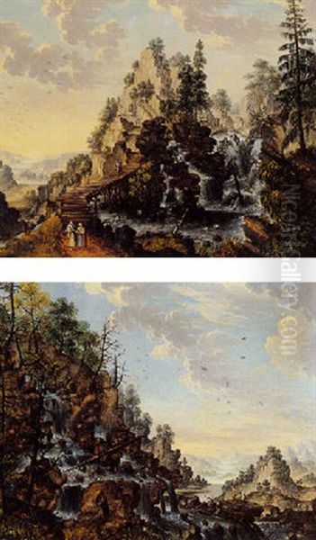 A Rhenish Wooded River Landscape With Travellers Near A Bridge, A Waterfall To The Right - view 1
