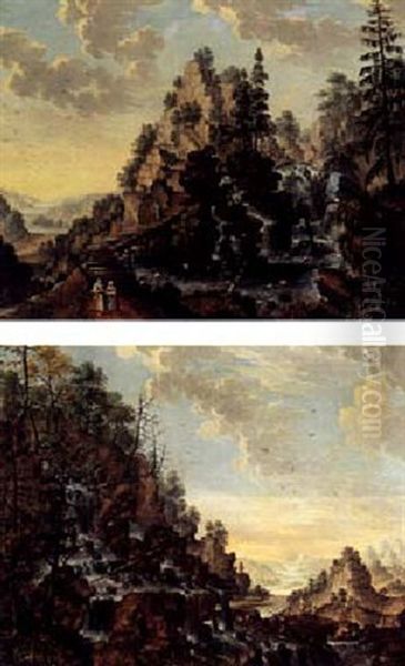 A Rhenish Wooded River Landscape With Travelers Near A Bridge, A Waterfall To The Right - view 1