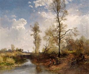 Figures In A River Landscape by Josef Wenglein