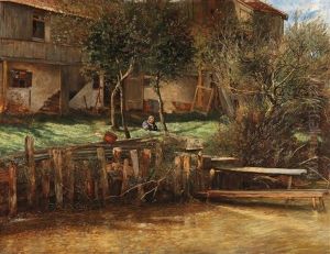 A Child Playing By A Creek by Josef Wenglein