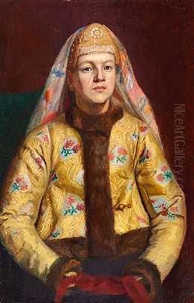 A Portrait Of A Young Woman In Traditional Russian Attire - view 1