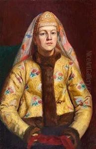 A Portrait Of A Young Woman In Traditional Russian Attire