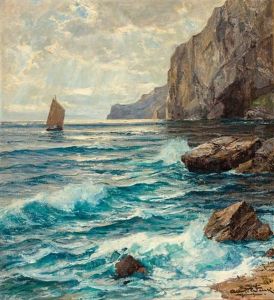 Kustenlandschaft An Der Amalfitana Mit Prachtvollem Lichteinfall Und Segelboot by Albert Wenk
