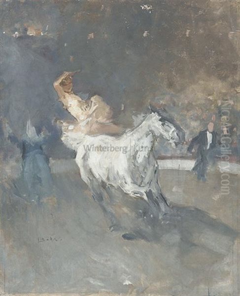 Zirkusreiterin In Der Manege, Links Ein Clown Mit Erhobenen Armen, Rechts Der Zirkusdirektor - view 1