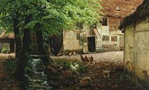 Landscape With Chickens In A Barnyard by Emil August Theodor Wennerwald