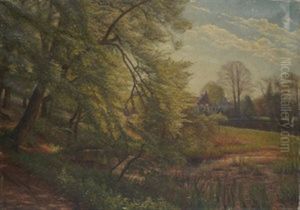 View Of A Pond And Woodland With A Dwelling Beyond