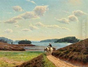 Landscape With Ox-drawn Cart On A Path In The Background View Over A Inlet