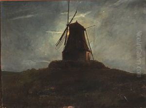 Late Evening With A View To A Mill In Moonlight by Carl Christian Ferdinand Wentorf