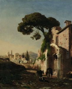 Rastender Mit Zwei Eseln In Italienischer Landschaft by Julius Wentscher