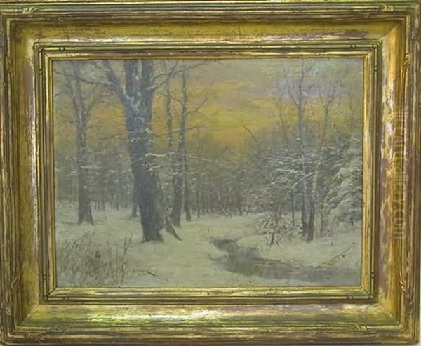 Winter Sunset Landscape With Brook Running Through Snowy Woodland - view 1