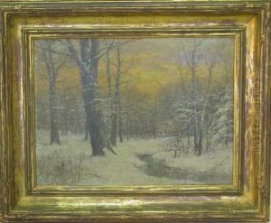 Winter Sunset Landscape With Brook Running Through Snowy Woodland by Daniel F. Wentworth