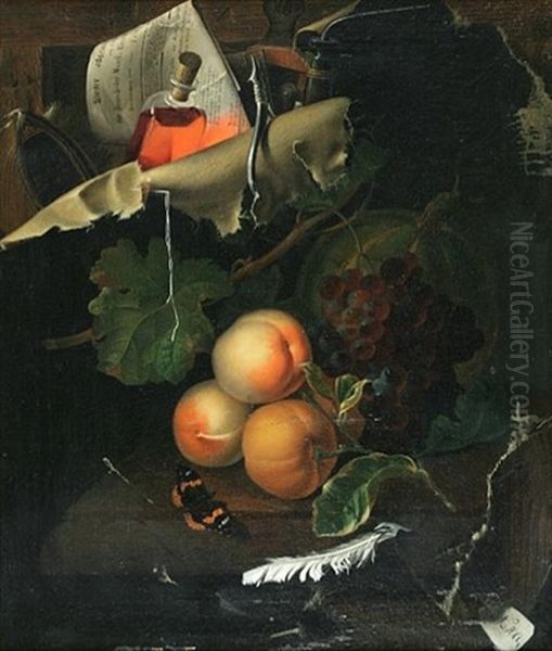 Still Life Of Fruit, A Butterfly, Tools And A Bottle - view 1