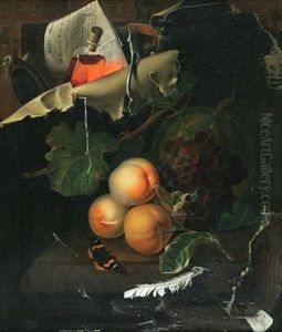 Still Life Of Fruit, A Butterfly, Tools And A Bottle by Michael Wentzel