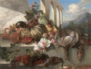 Groses Variastilleben Vor Romischer Ruinenlanschaft. Verschiedene Fruchte Wie Trauben, Beeren Und Birnen by Michael Wentzel