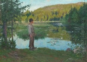 Fiskende Gutt Ved Drengsrudtjernet I Asker by Nils Gustav Wentzel