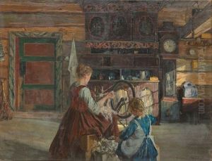 Mor Og Barn Ved Rokken by Nils Gustav Wentzel