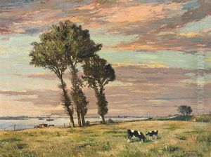 Weidelandschaft Am Niederrhein Mit Blick Auf Stadt Und Fluss by Wilhelm Daniel Wenzel