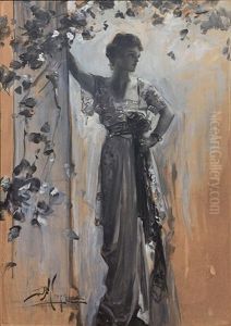 Young Woman Leaning Against Column In Garden by Albert Beck Wenzell