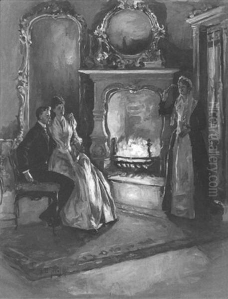 Couple Seated In Front Of Fireplace Interrupted By Older Woman - view 1