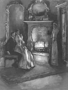 Couple Seated In Front Of Fireplace Interrupted By Older Woman by Albert Beck Wenzell