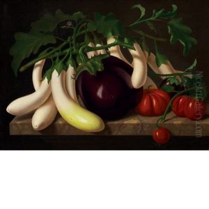 Still Life With Eggplant, Tomatoes And Squash On A Marble-topped Table Still Life With Eggplant, Tomatoes And Squash On A Marble-topped Table
