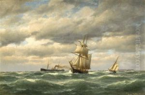 Dampfer U. Segler Auf See Vor Helgoland Im Hintergr.