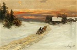 Sunset Scenery From The Mountains With A Horsedrawn Sleigh In Front