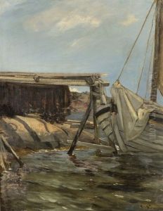 Drying Nets By A Harbour At Tromoen by Oscar Arnold Wergeland