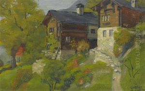 Zwei Hauser In Den Bergen by Ludwig Werlen