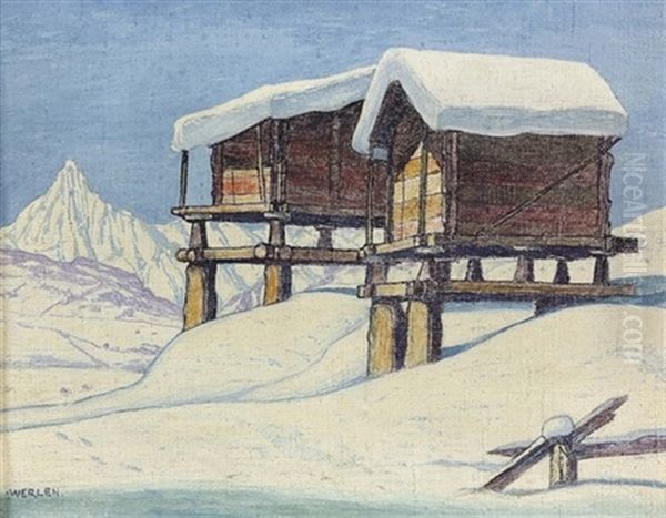 Verschneite Walliser Berglandschaft Mit Zwei Spychern - view 1
