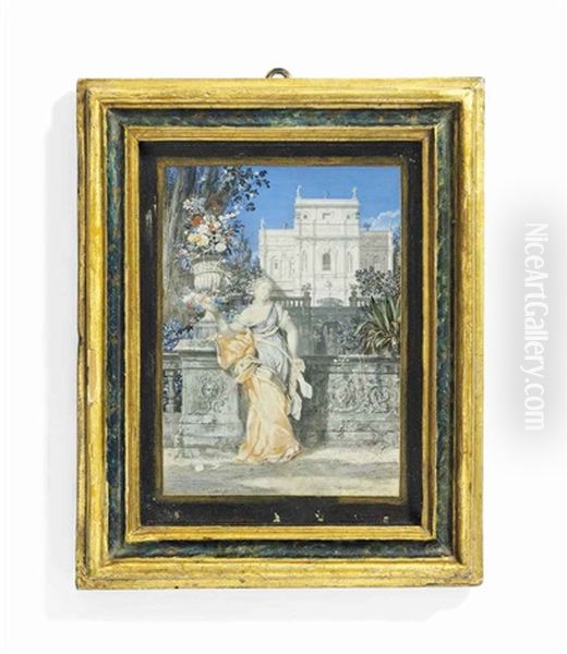 Flora, In White Dress And Orange Cloak, Holding A Garland Of Flowers In Her Right Hand, Leaning Against A Plinth Set With An Urn Filled With Flowers; Villa And Garden Background, Gold Border - view 1