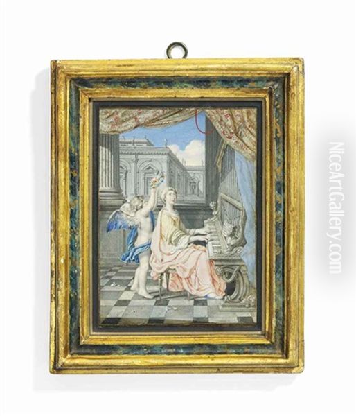 Saint Cecilia, Playing An Organ, Behind Her A Putto Crowning Her With A Garland Of Flowers; Architectural Background, Gold Border - view 1