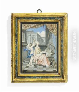 Saint Cecilia, Playing An Organ, Behind Her A Putto Crowning Her With A Garland Of Flowers; Architectural Background, Gold Border by Joseph Werner the Younger