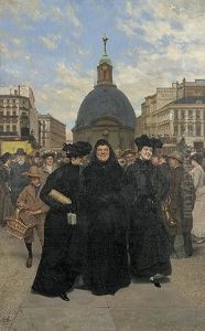 Berliner Strasenszene. Drei Sich Amusierende Witwen Mit Ihren Einkaufen, Im Hintergrund Der Stilisierte Berliner Dom by Fritz (Alexander Friedrich) Werner