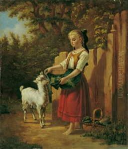 Junges Madchen Eine Ziege Futternd Junges Madchen Eine Ziege Futternd