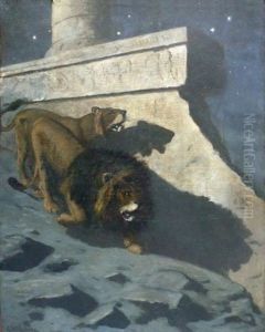 Couple De Lions Devant Des Temples En Egypte by Gustave Wertheimer