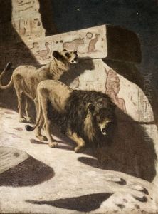 Lion And Lioness Amongst Egyptian Ruins by Gustave Wertheimer