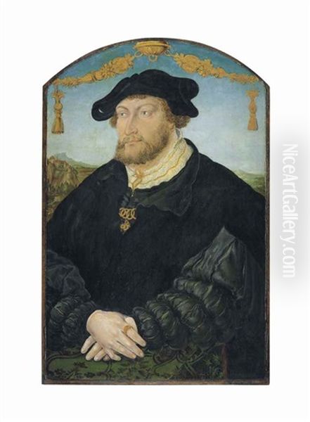 Portrait Of Johann Iii Of The Palatinate (1488-1538), Half-length, In A Black Slashed Doublet With A Black Overgown, In A Black Barett, A Landscape Beyond - view 1